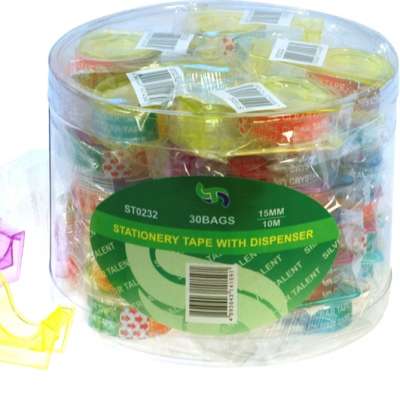 1" plastic core crystal clear adhesive stationery tape with mini dispenser PVC box package